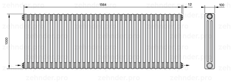 Схема (чертеж) Радиатор Zehnder Charleston 3100/34 №2670 Белый глянцевый RAL 9016